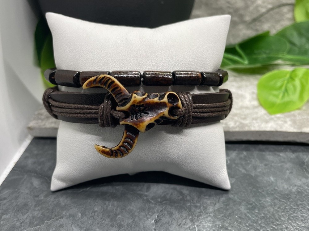 2 PC Leather Bracelet Wood Bead Stackable Adjustable Tie Free Ship B2902