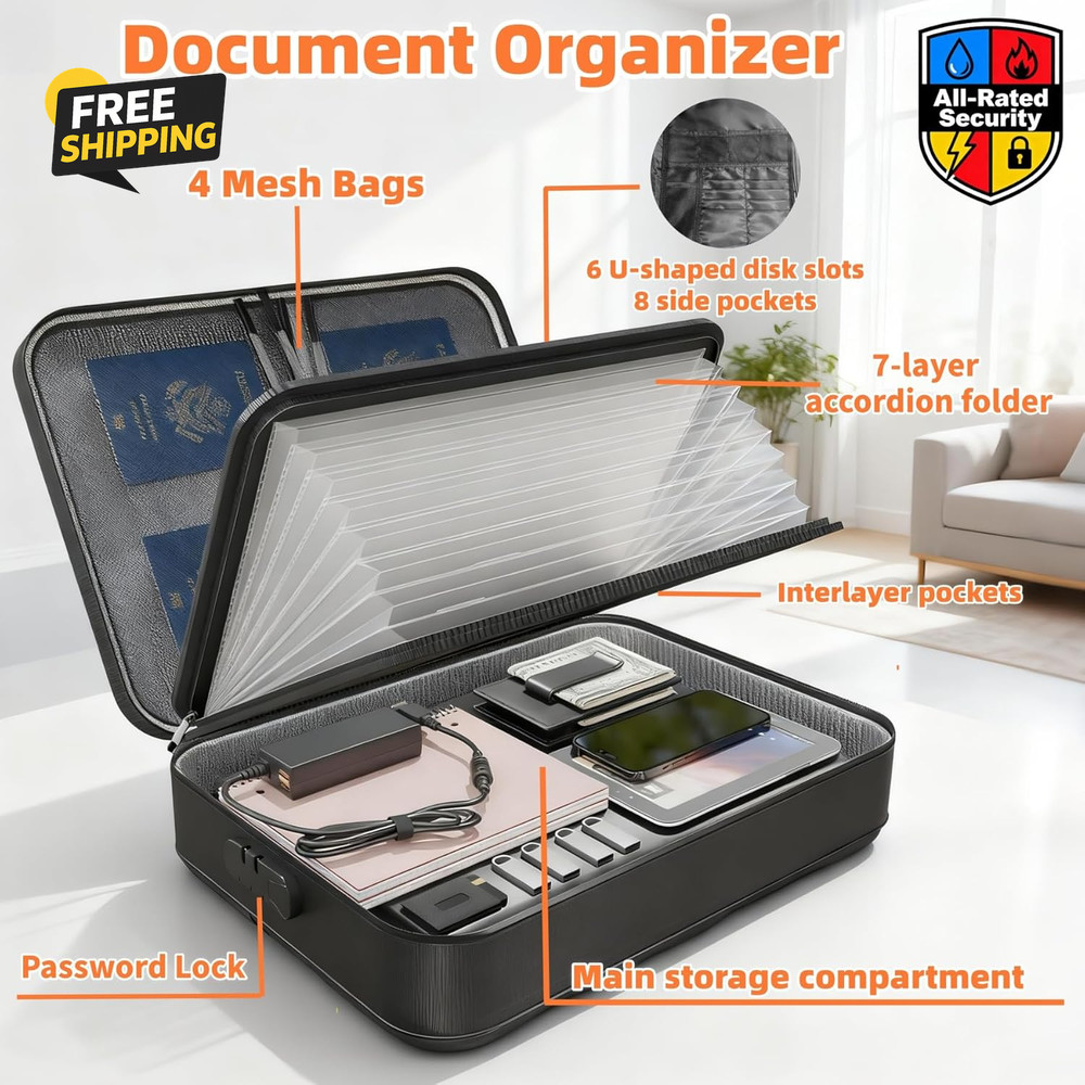 Fireproof Document Organizer (Soft-Shell) with Lock, Capacity Waterproof