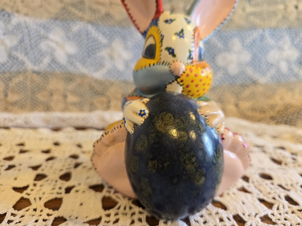 Vintage Hand Painted Ceramic Mold Easter Bunny Rabbit Patchwork 1977 6.5"