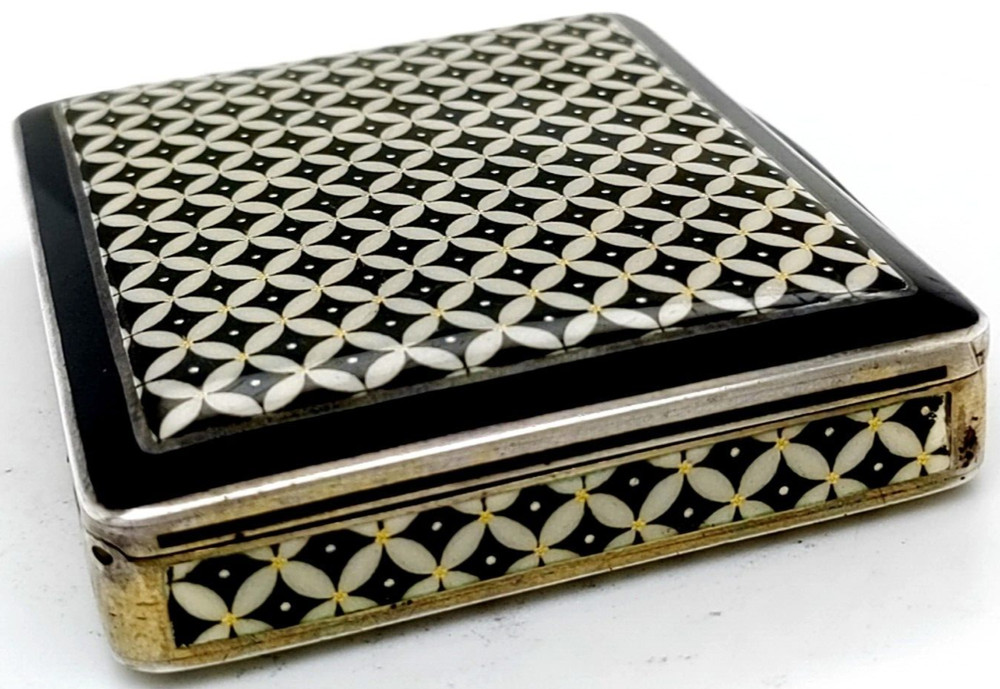 Unusual Silver Square Enamel Box with Geometric Pattern