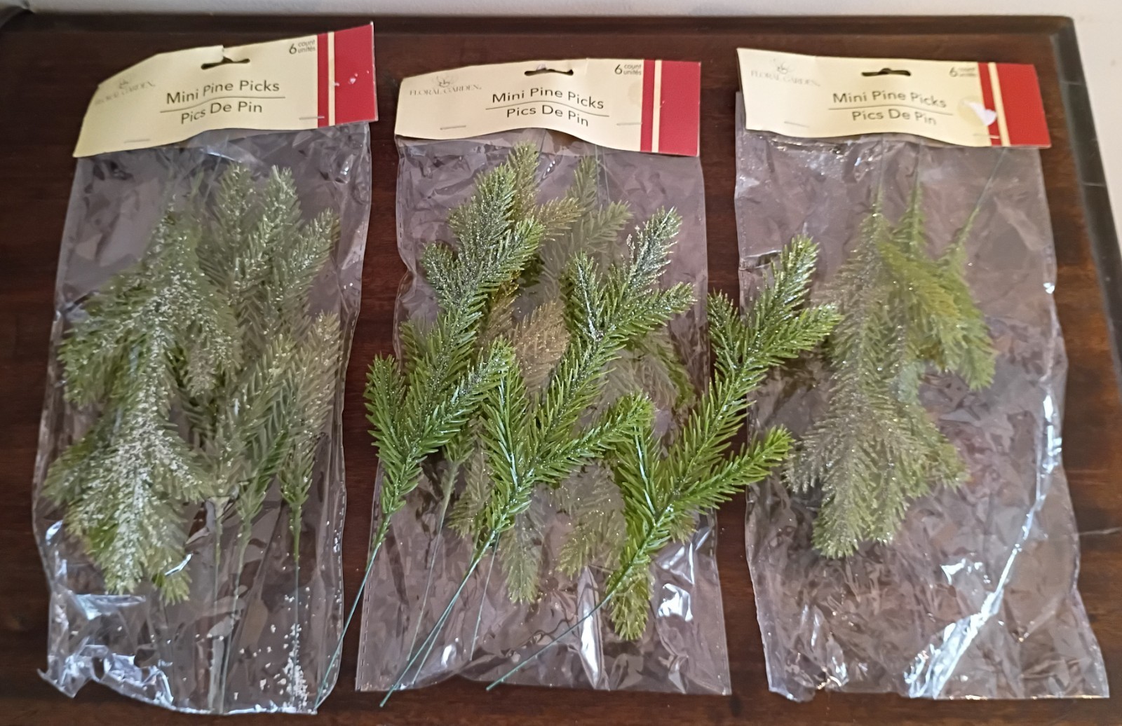 18 Pcs Mini Pine Picks, 9.5", Green Flocked & Glittery, Lot of 3 Packs Christmas