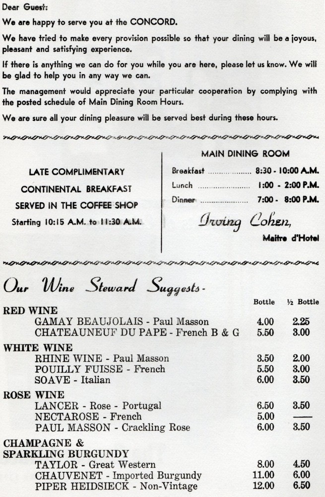 The Concord Hotel Dinner Menu