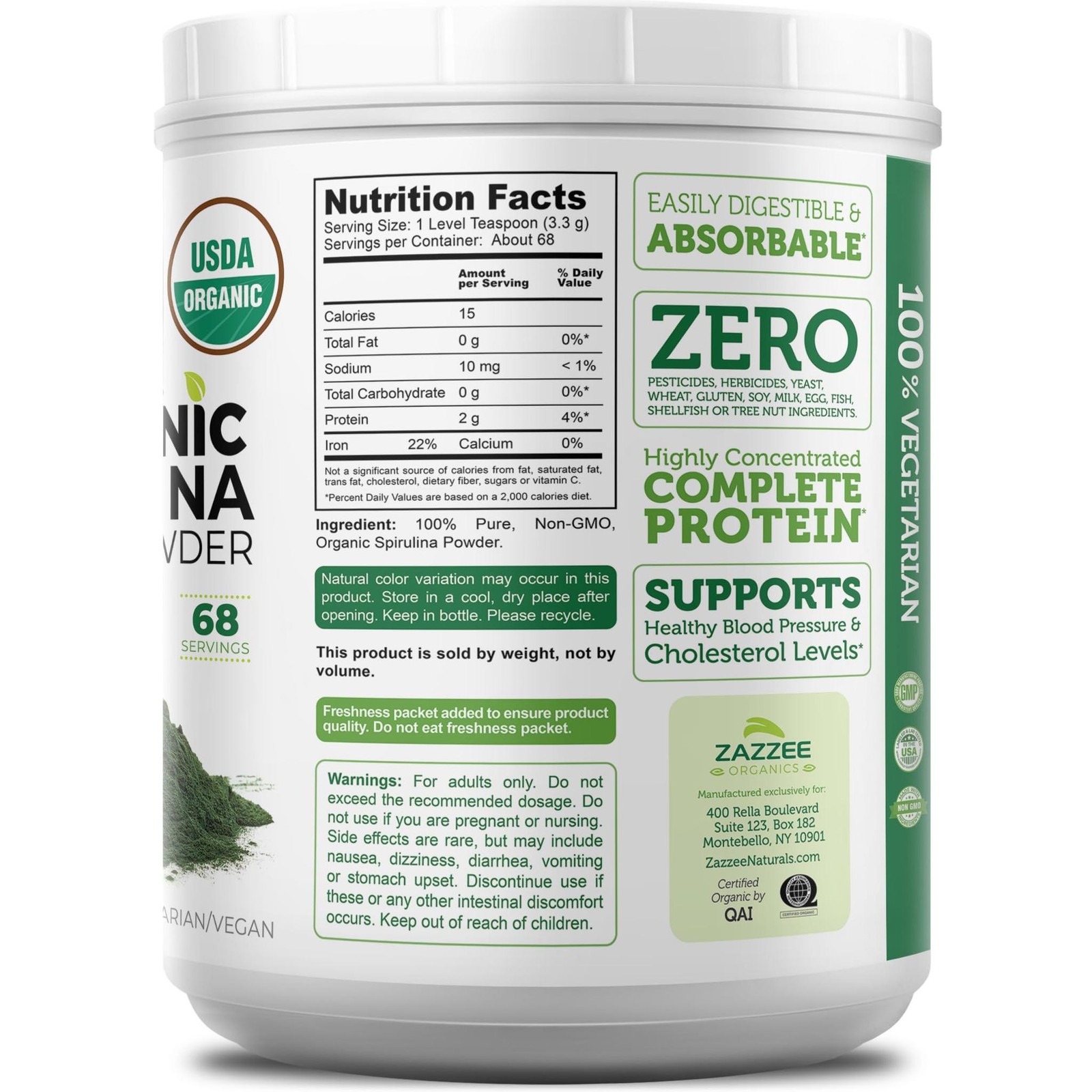 Zazzeze USDA Organic Spirulina Powder, 8 Ounces, 68 Servings, 100% Pure, Kosher