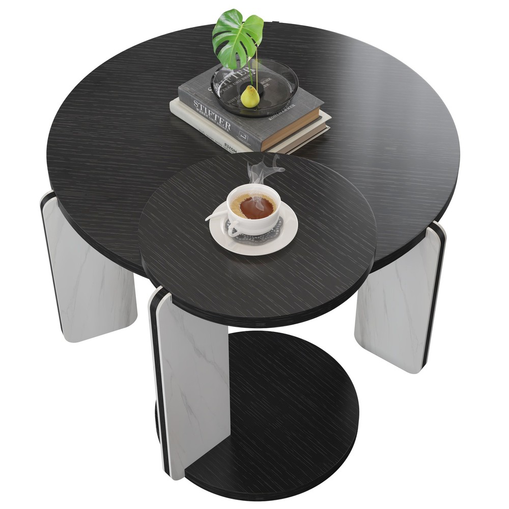 32.68" & 16.93" round coffee table end table sofa table side table set with bla