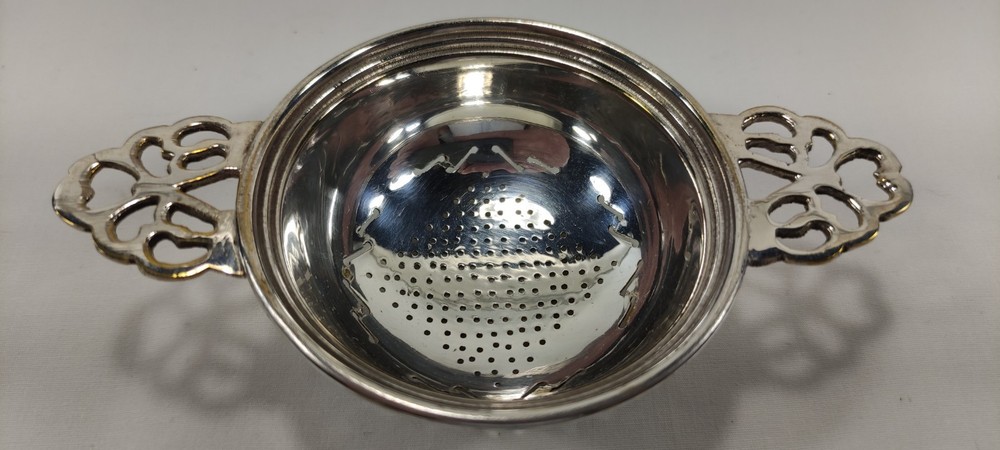 Vintage Silverplated Pierced Two-Handled Over Tea Service Cup Strainer Openwork