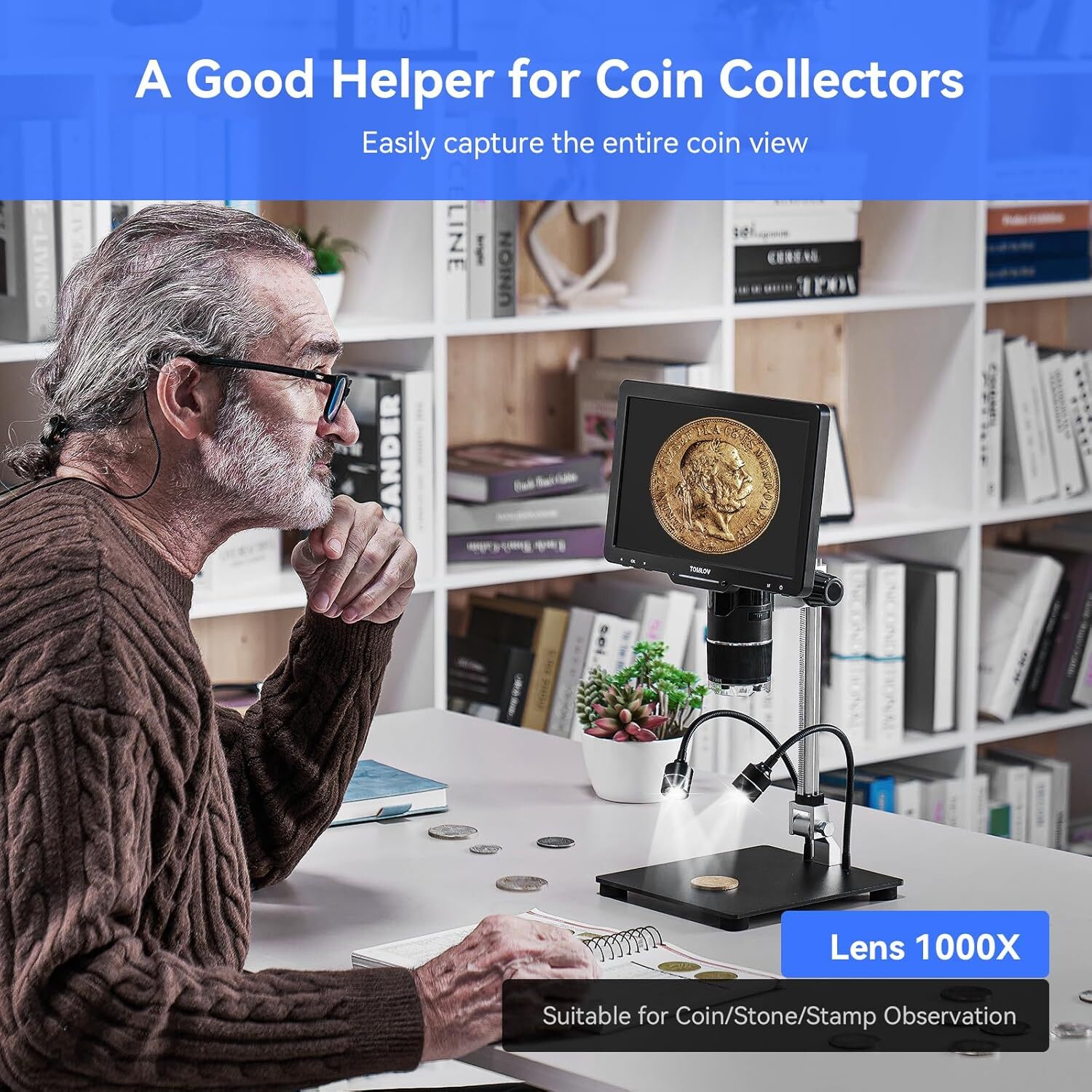 TOMLOV 2500X Digital Microscope 10" 24MP Entire Coin Microscope 14 LED Lights