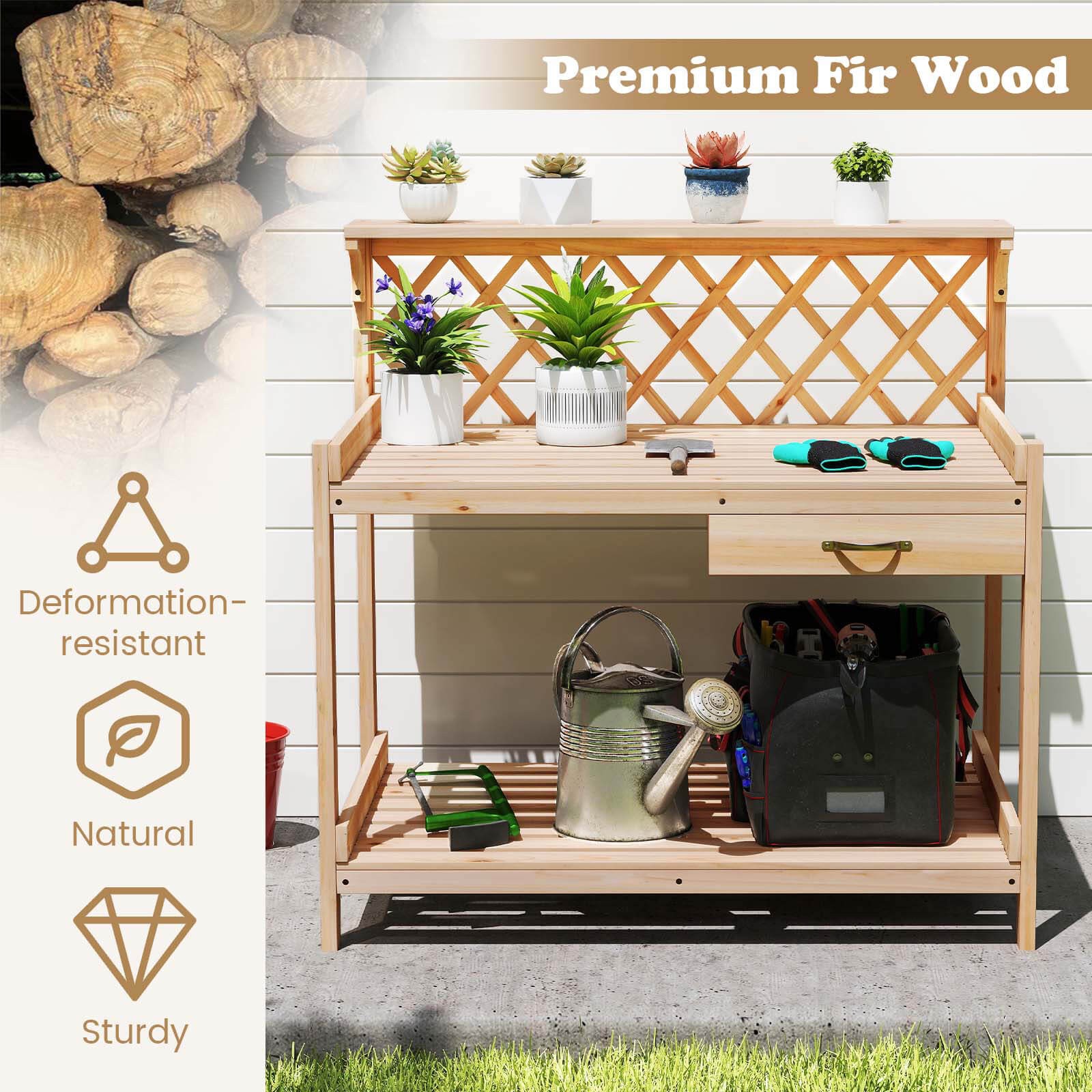 Garden Potting Bench Table w/Lattice Trellis Removable Drawer Top & Lower Shelf