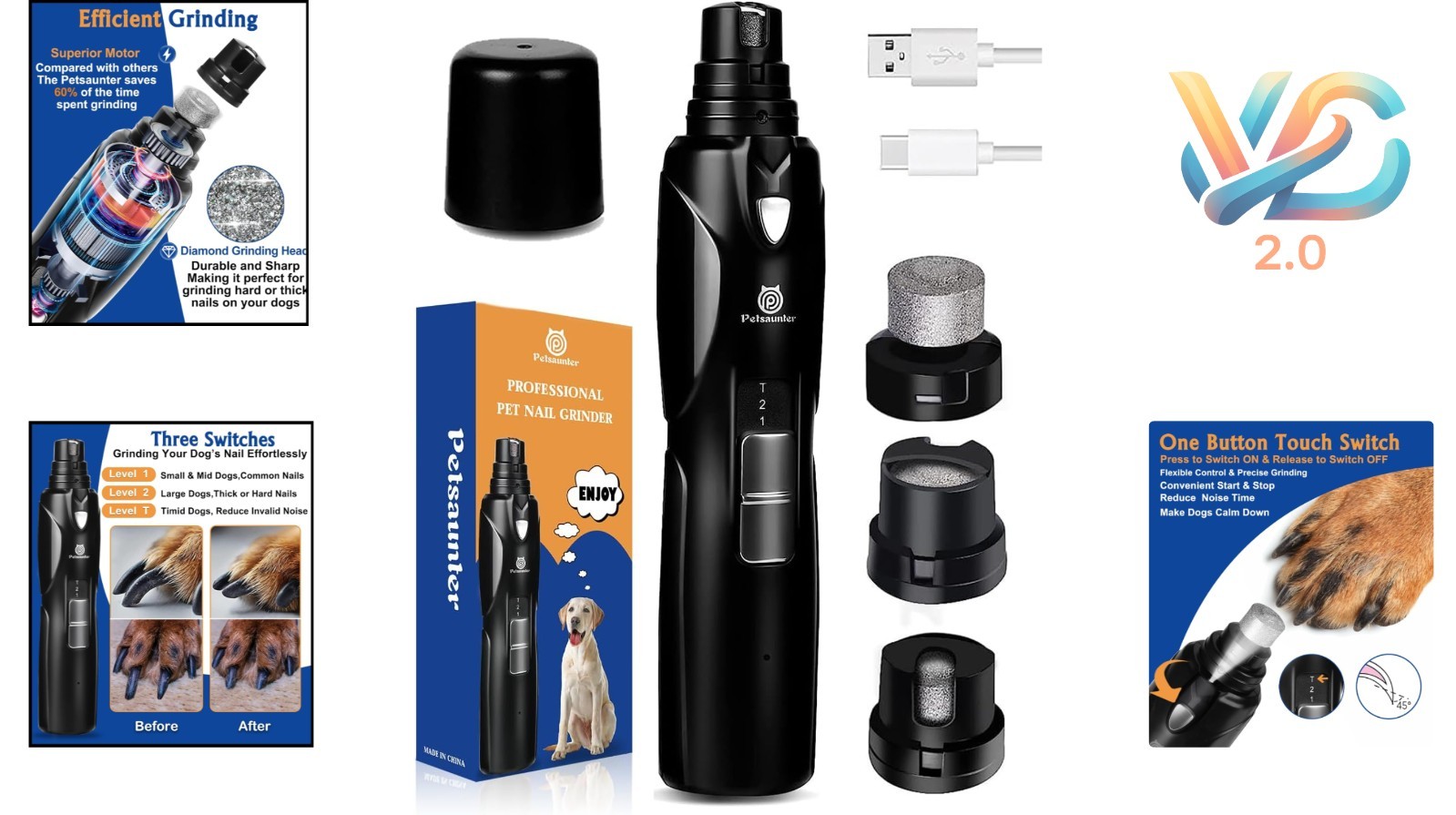 Dog Nail Grinder 2-Speed LED Light Quiet Low-Vibration Large Small Pets