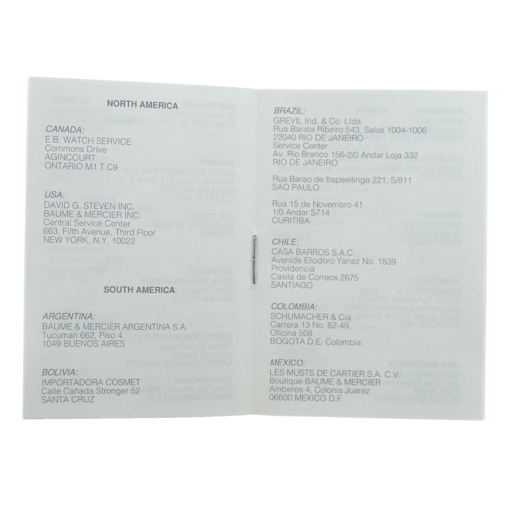 BAUME & MERCIER DISTRIBUTORS LIST PAMPHLET