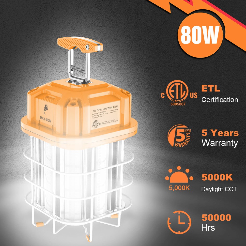 80W LED Temporary Work Light Linkable Construction Hanging Portable Light 5000K