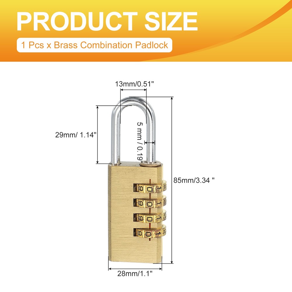 Brass Combination Lock 3.3", 4 Digit Resettable Combination Padlock Gold