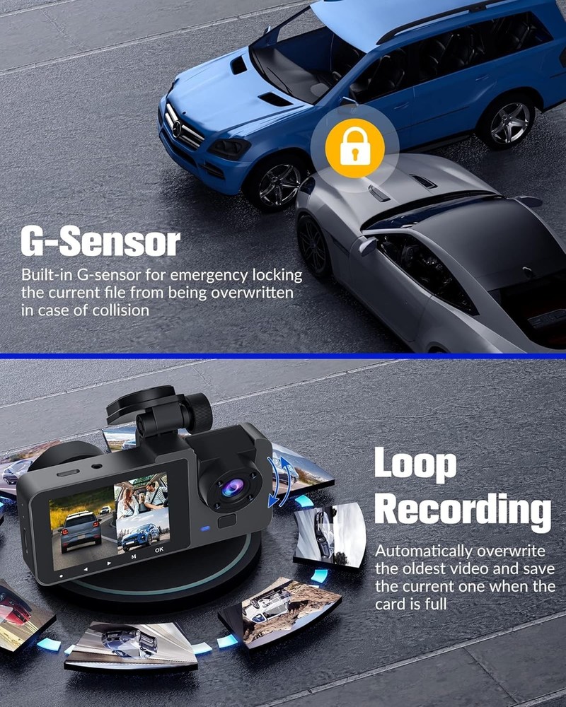 3-Channel Mini Dash Cam Front Rear Inside Bundle 32GB SD HDR Loop Parking Mode