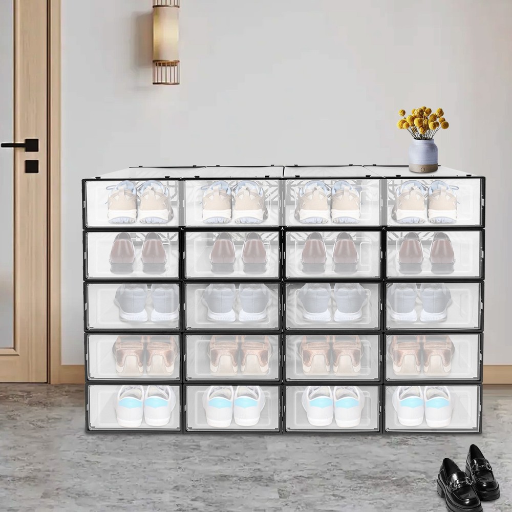 20 Pack Clear Plastic Shoe Boxes With Lids Stackable Storage Container Organizer