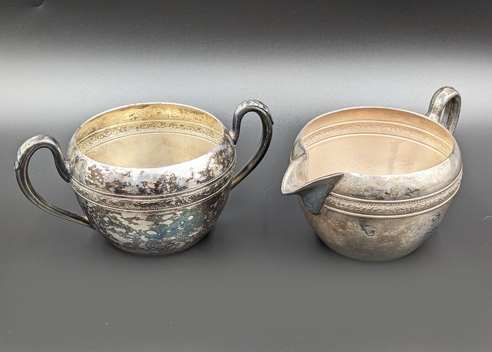 Silver on Copper Vintage Creamer and Sugar Serving Set