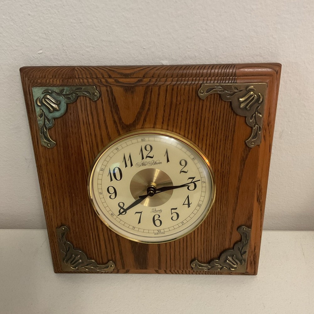 Vintage New Haven Wall Clock With Brass Corner Decor, Tested