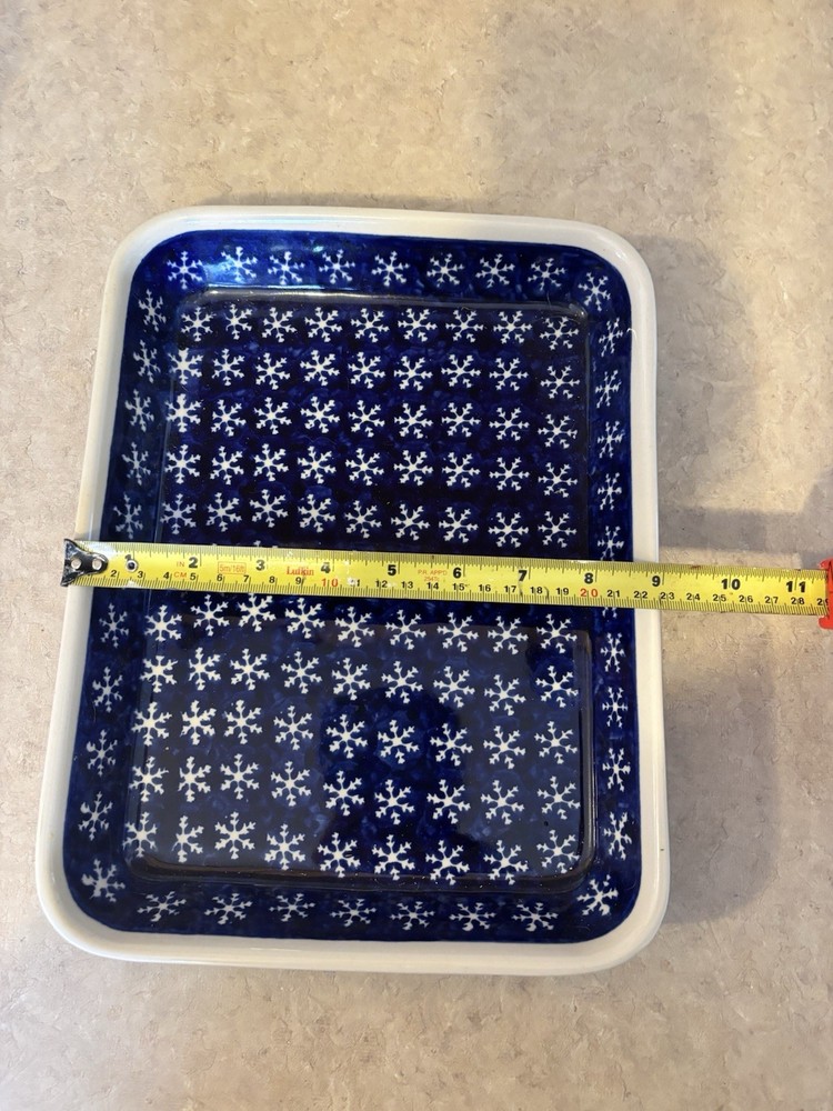 Blue White Snowflake Pattern Pottery Rectangle Casserole Dish 28cm x 20cm