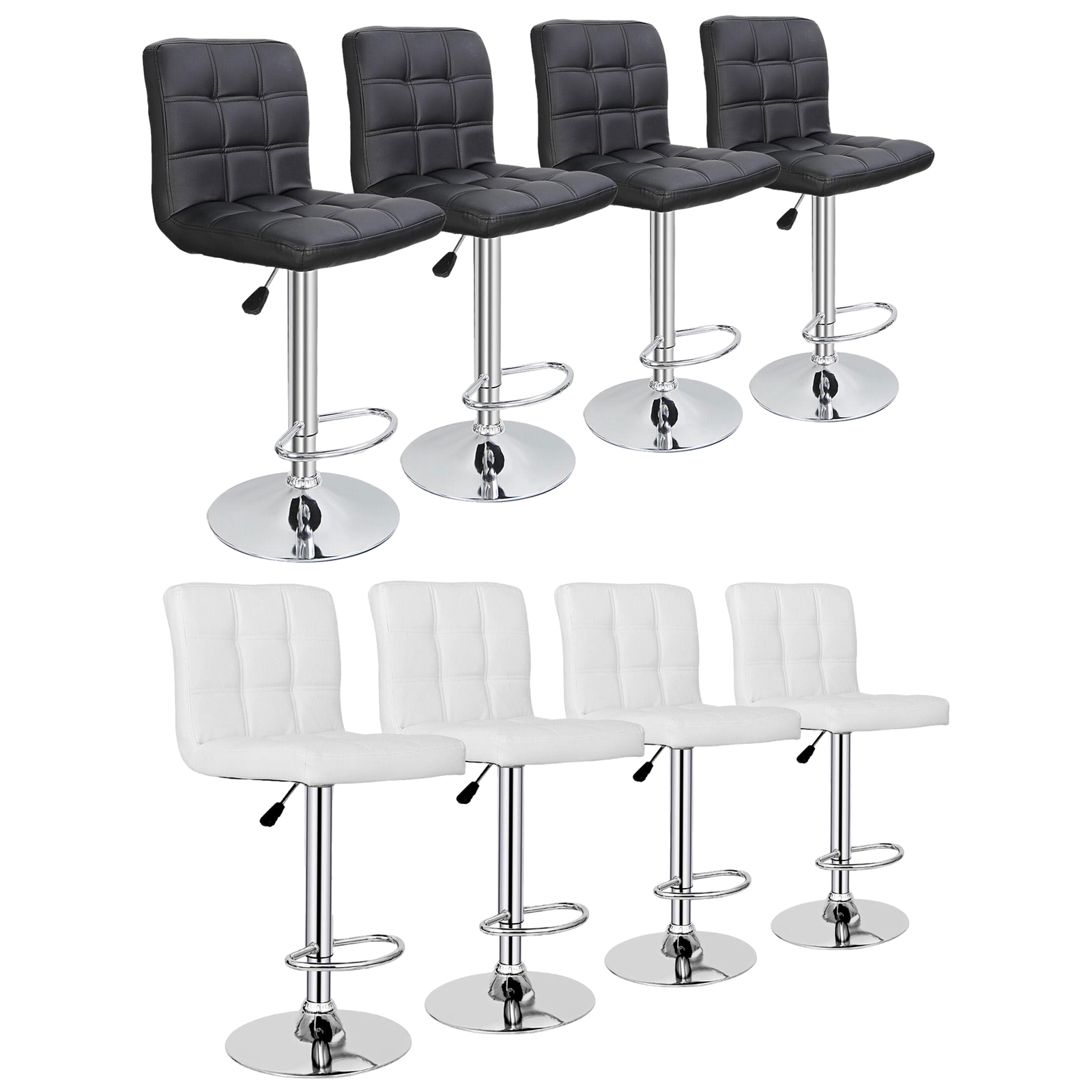Set of 4 Adjustable Bar Stools Swivel Square PU Leather Black/White Armless Spa