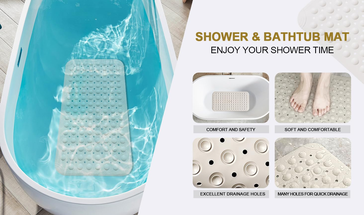 Non Slip Shower Mats for inside Shower 15 X 27.5 Inch, TPE Bathtub Mat Non-Slip