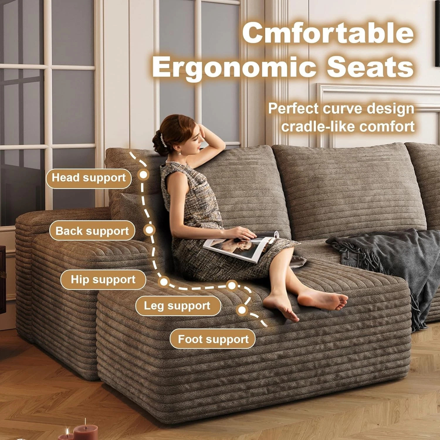 135" Corduroy Couch Sectional Sofa with Chaise L Shape Boneless Cloud Couches