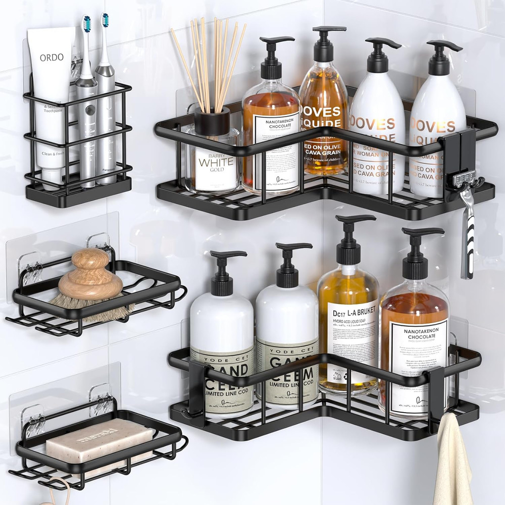 5-Pack Corner Shower Caddy - Rustproof No Drilling Shower Shelves with 12 Hooks