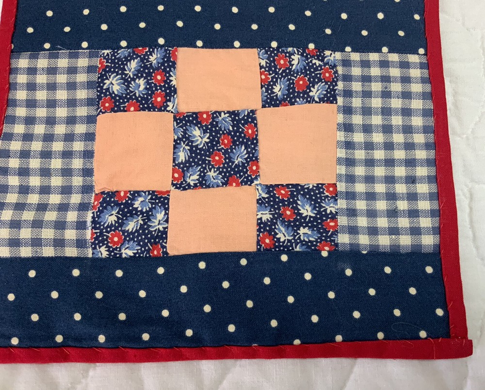 Vintage Patchwork Mini Quilt Table Topper Or Doll Quilt, Nine Patch, Blue, Navy