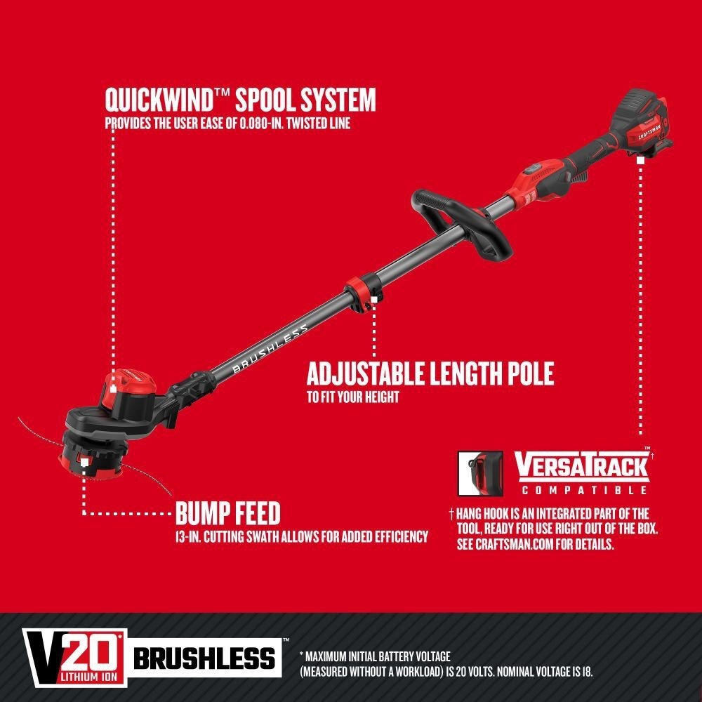 CRAFTSMAN V20* WEEDWACKER 13 Inch Brushless Cordless String Trimmer (Bare Tool)