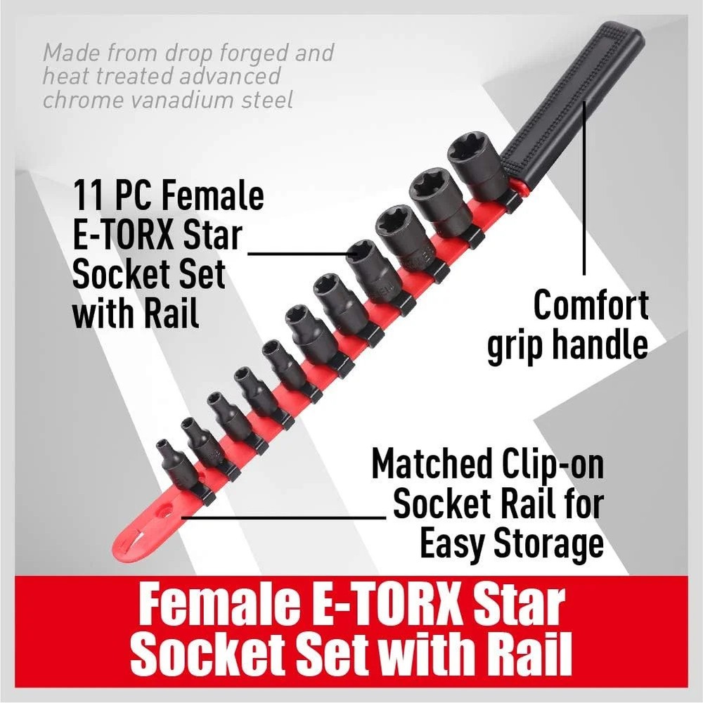 SEDY 11-Piece E-Torx Socket Set - Star Sockets Set with Socket Rail, External To