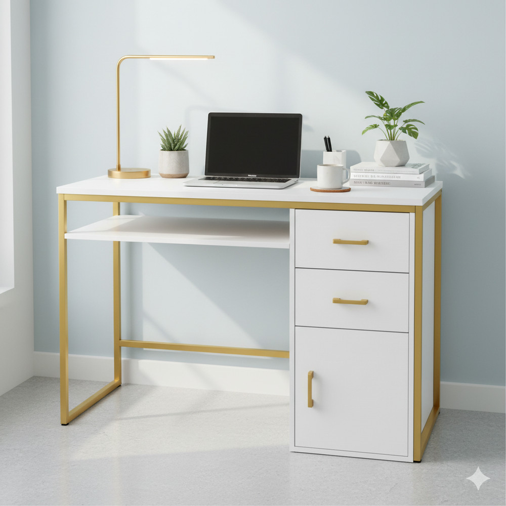 Modern Computer Desk With 2 Drawers And Cabinet White Vanity Study Writing Table