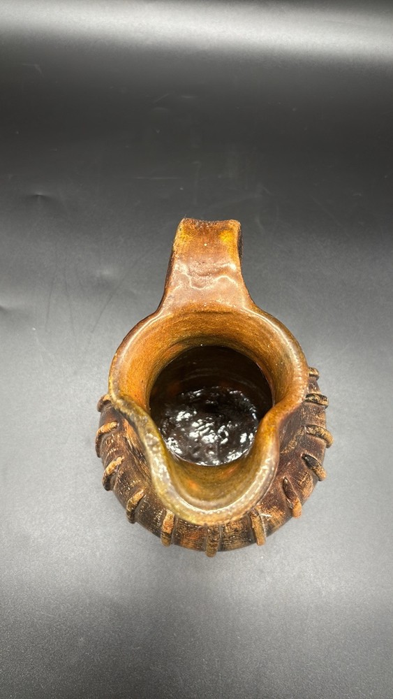 Rustic Primitive Glazed Pottery Small Jug Pitcher Raised Ridges 6”