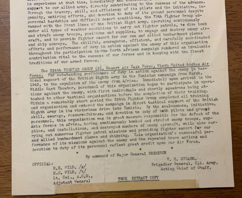 WWII Army Air Force Activation Day Program Commendation Document 324th FG 9th AF