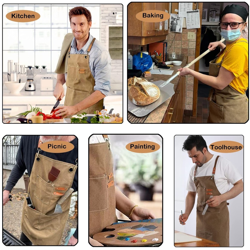 Chef Apron for Kitchen Cooking, Waterproof Adjustable Crossback Apron with La...