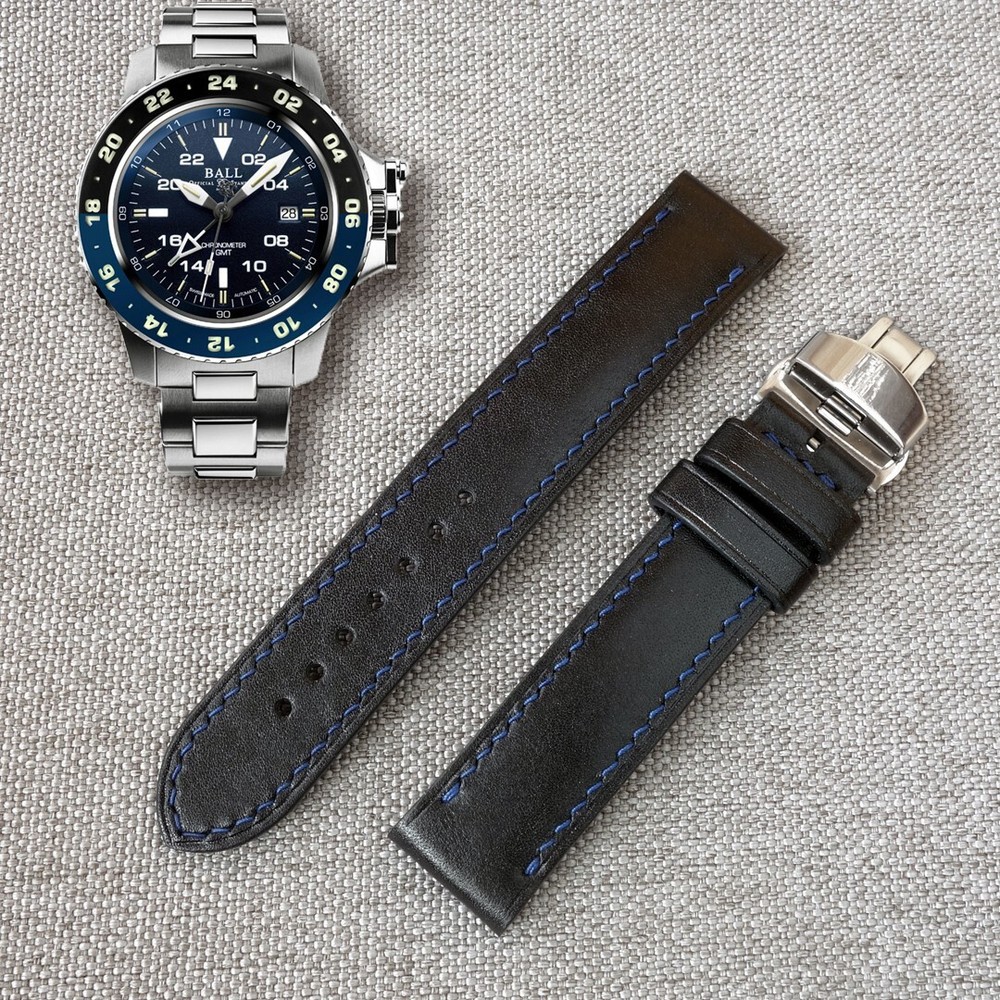Black leather handmade strap for Ball Engineer Hydrocarbon, 21mm