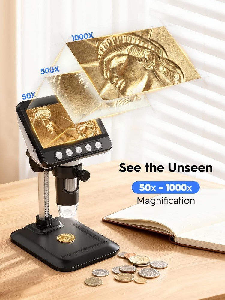 Coin Microscope, 4.3" LCD USB Digital Microscope 1000X Coin Magnifier with 8 ...