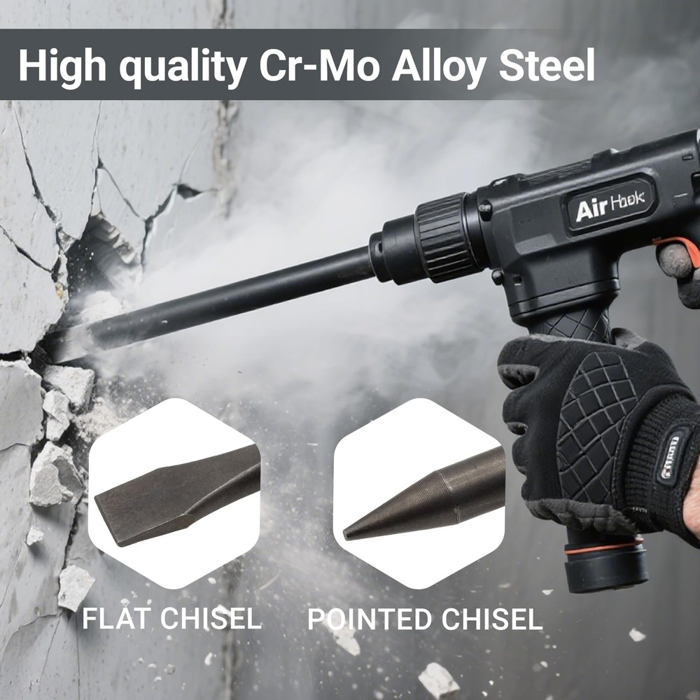 2 Pack 14 Inch Air Hammer Bits Attachments 0.401 Shank Chisel Bit Set Cr-Mo