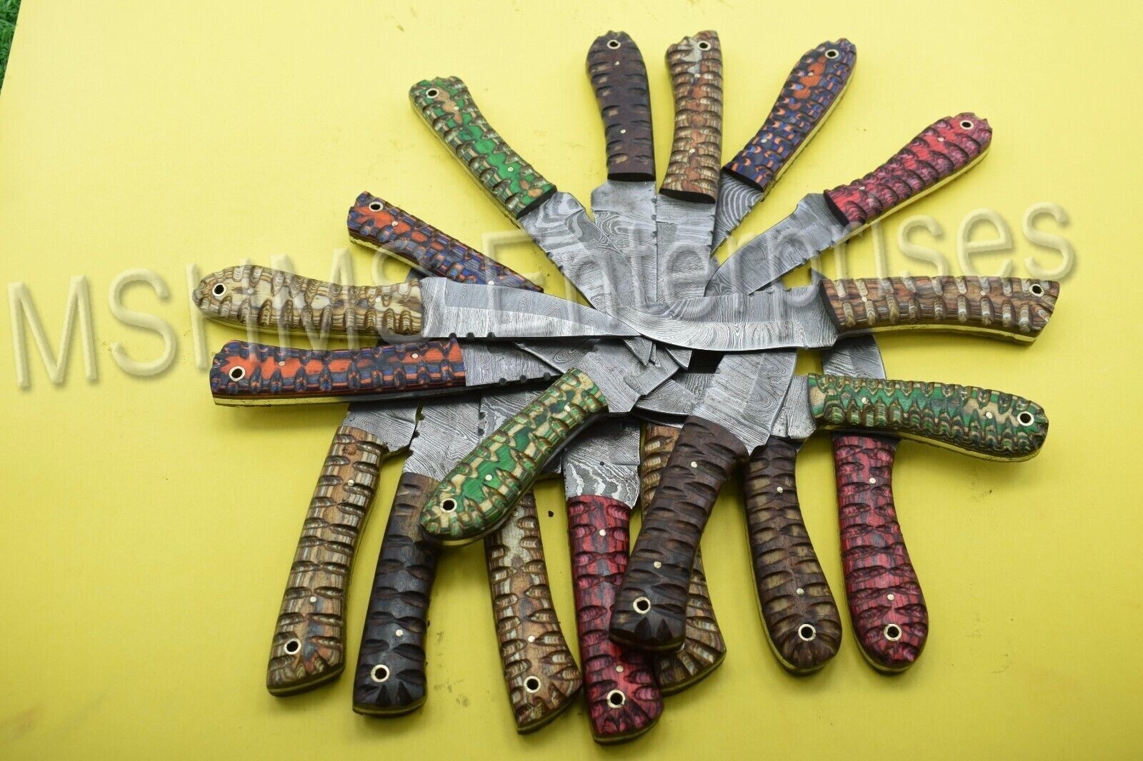 LOT OF 50 8 INCH HANDMADE DAMASCUS STEEL SKINER KNIFE WOOD HANDLE W/SHEATH