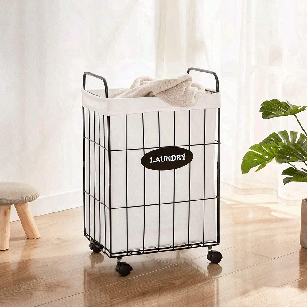 Iron Wire Laundry Hamper With Rolling Lockable Wheels, Folding Laundry Storage