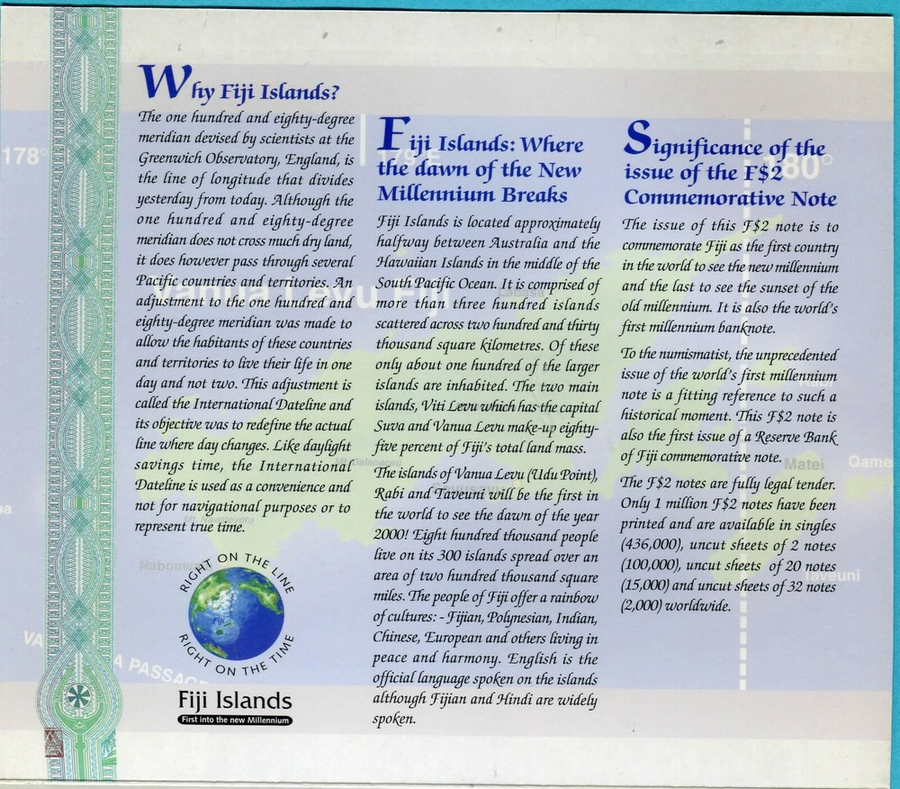Fiji 2 Dollars 2000 P102 UNC - Uncut / Commemorative Y2K - w/ folder only 100K