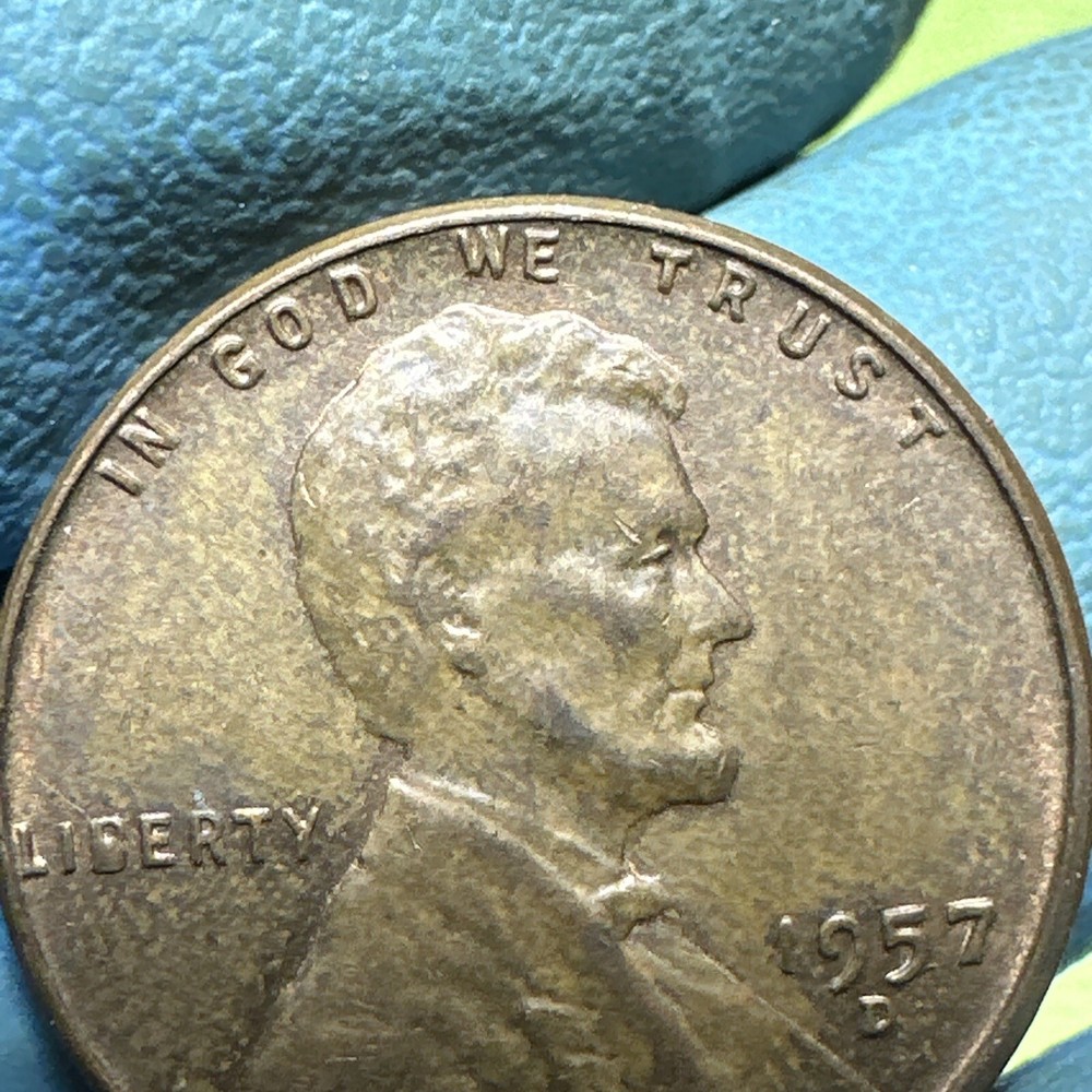 1957 D ERROR Wheat Penny / Die Chip Error Filled B