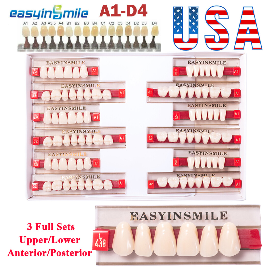 3/8/16 Set Dental Acrylic Resin Denture Teeth Upper Lower Full Set ShadeA1/A2/A3