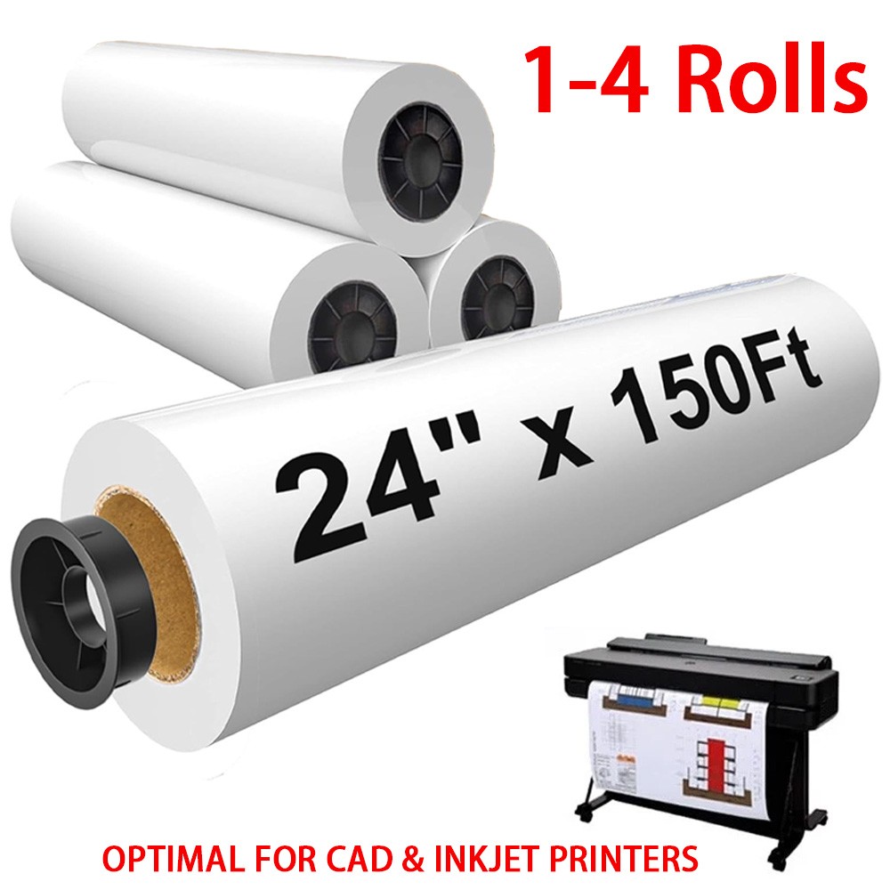 1-4 Rolls 24"x150' CAD Bond Plotter Paper for Wide Format Inkjet Printers 2"Core