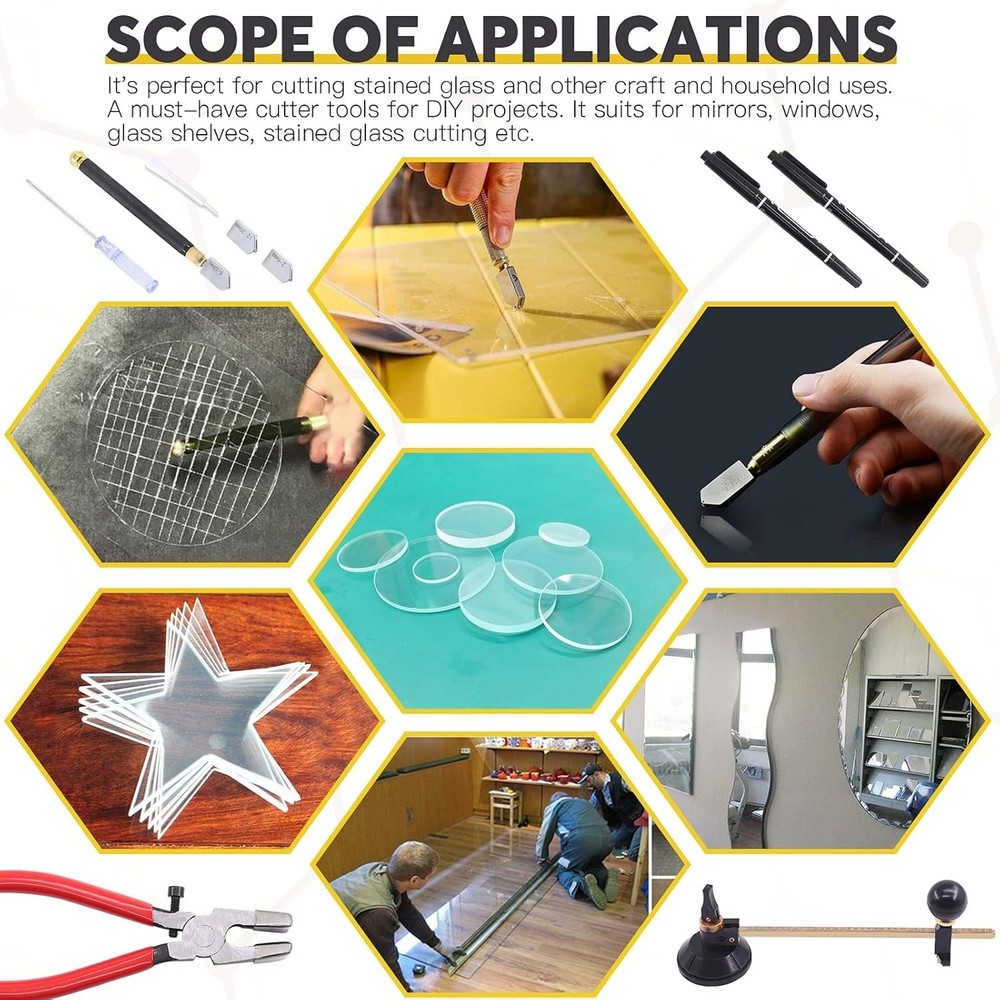 9 Pcs Glass Cutting Tool Set Kit Includes Adjustable Circular Glass Cutter,