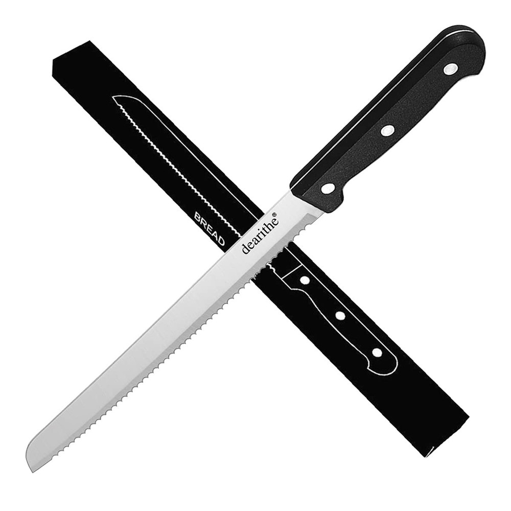 Dearithe Serrated-bread Knife 10 Inch, Black Full-tang And Triple Rive