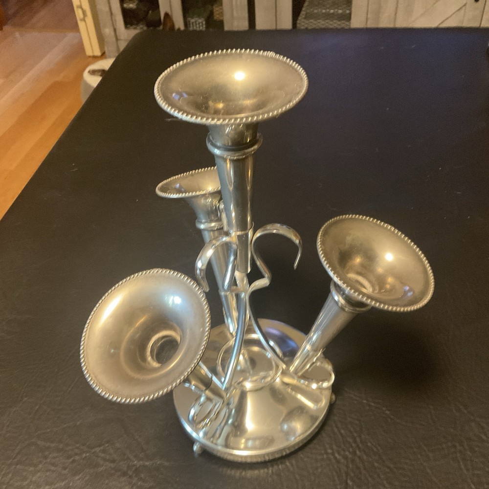 Silver 4 Flower Holder With Heavy Silver Plated Horns