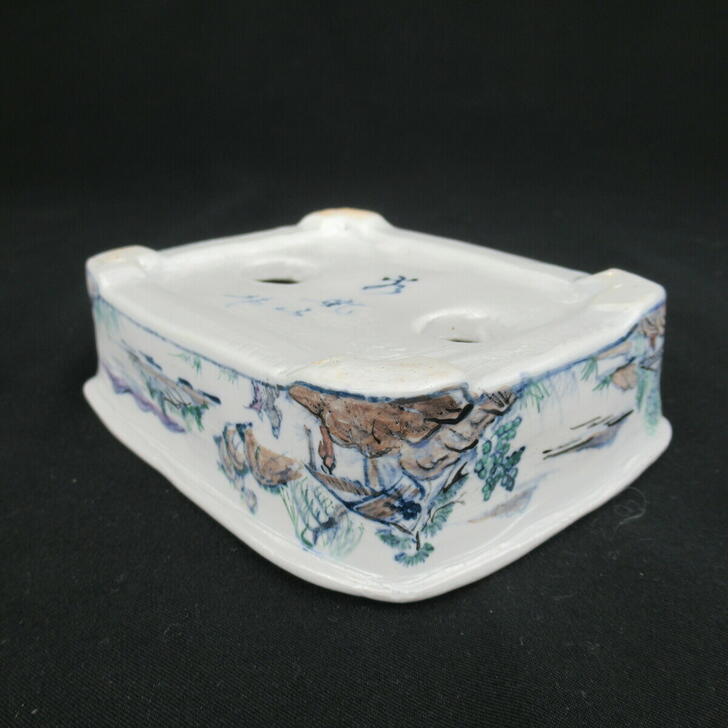 Bonsai Pot - Taniguchi Ranzan Small Rectangular Pot with Landscape and Figure