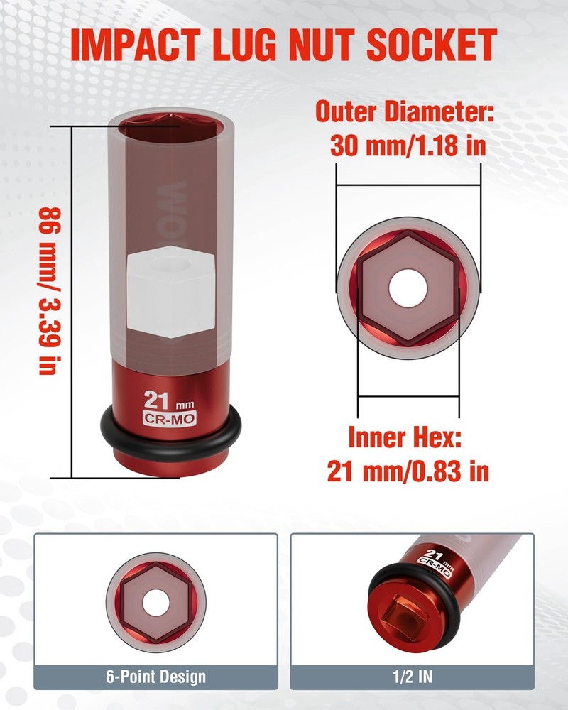 WORKPRO 1/2" Drive Lug Nut Impact Duty Socket 6 Point 21mm Deep Thin Wall Socket