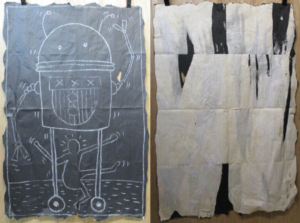 SUBWAY DRAWING chalk on black paper rolly robot dancing guy Pop Art KEITH HARING