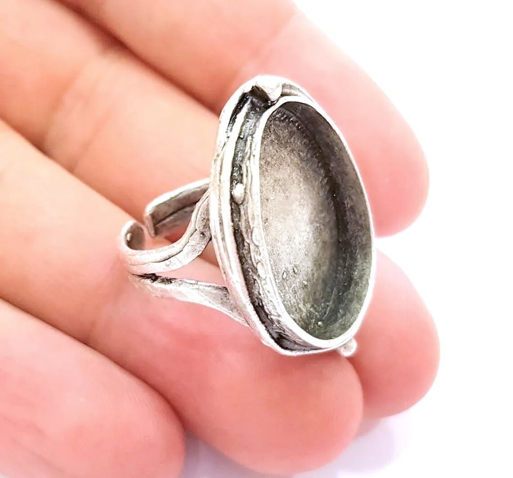 Oval Blank Silver Ring Base Bezel Settings Cabochon Base Adjustable G8139