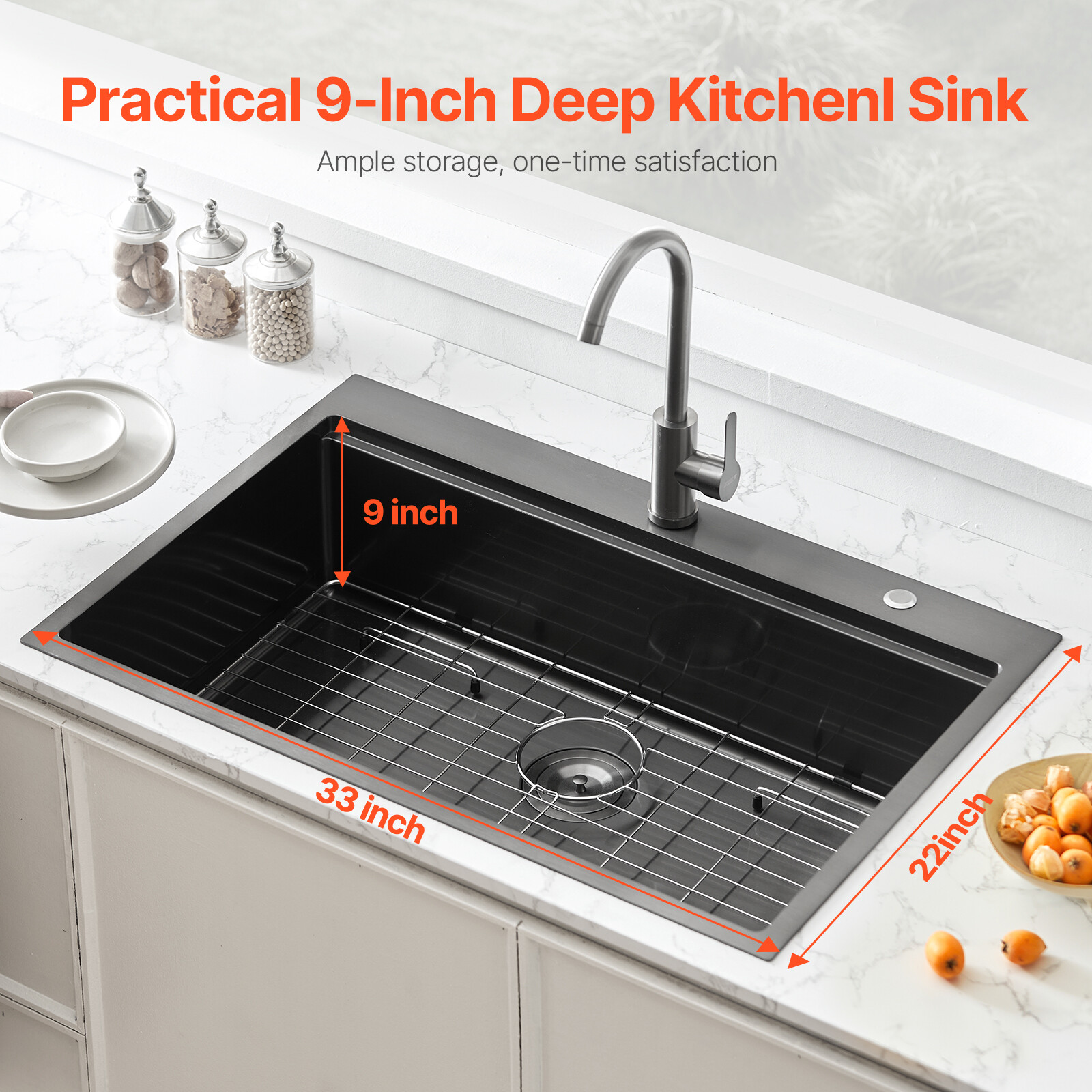 33" Drop In Kitchen Sink Top Mount Single Bowl Basin Stainless Steel Black