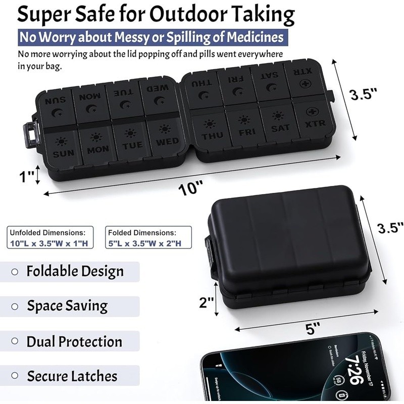 Foldable Pill Organizer Portable Double Protection Easy Open Extra Compartments