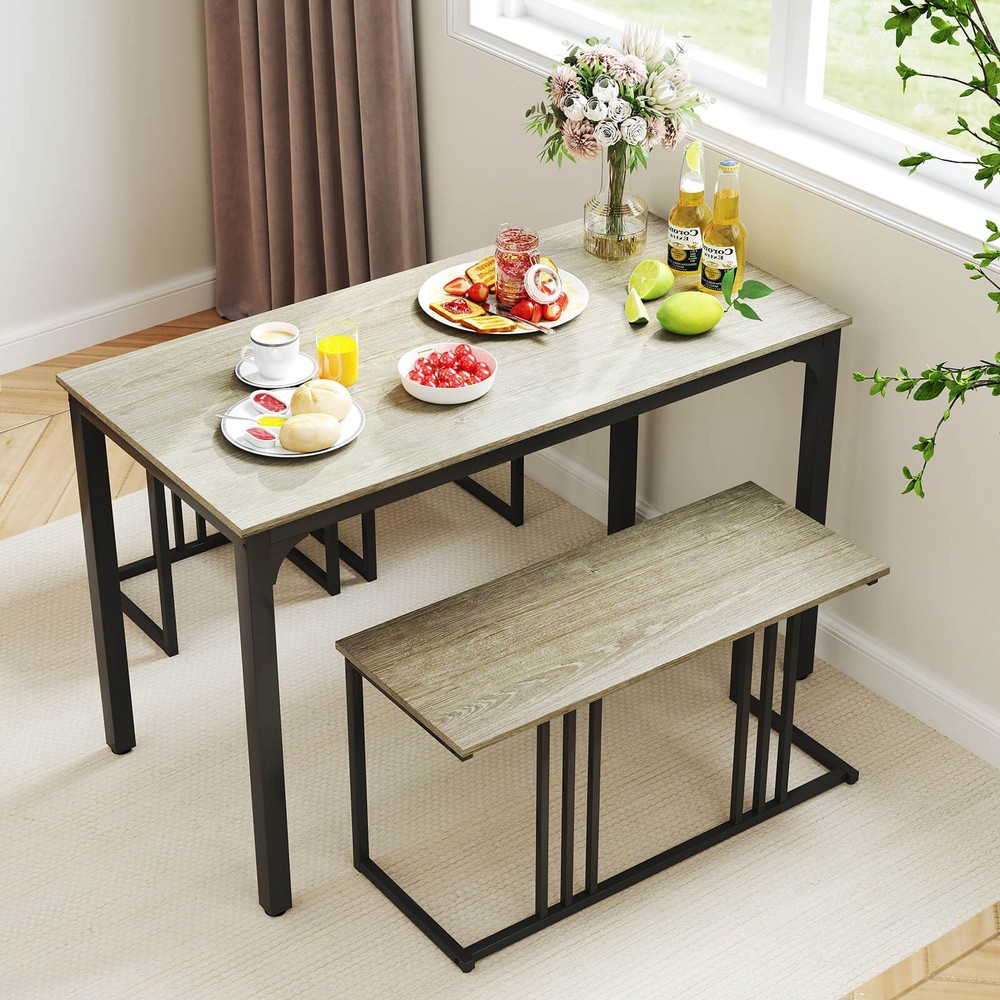 4-Piece Dining Table Set Industrial Kitchen Table Set W/ Bench & 2 Stools for 4
